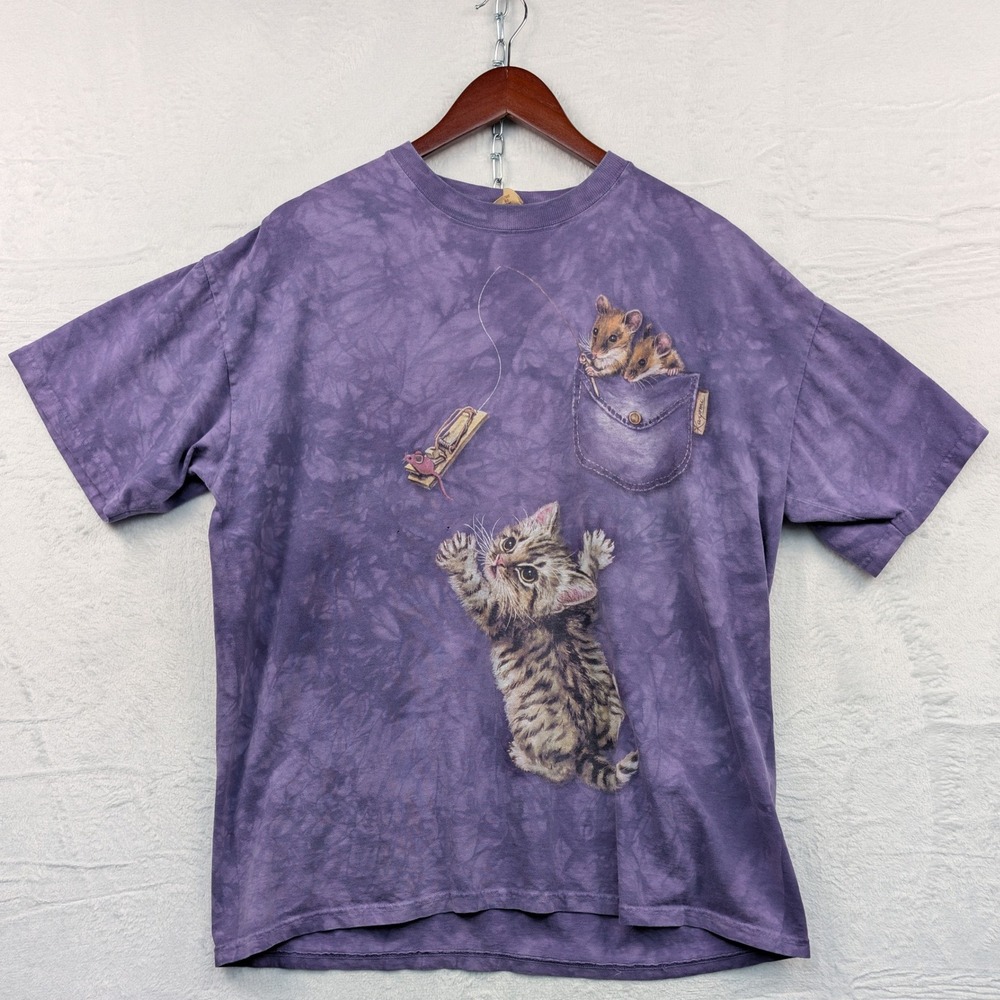VTG The Mountain T-Shirt Men's XL Purple Cat Mouse Tie Dye Animal Funny Cute Y2K